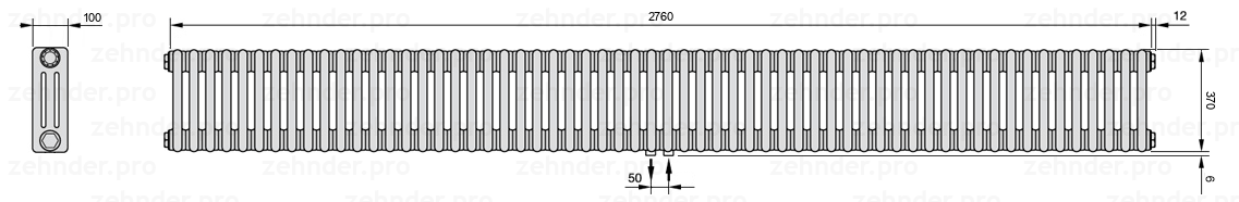 Схема (чертеж) Радиатор Zehnder Charleston 3037/60 №5410 Белый глянцевый RAL 9016